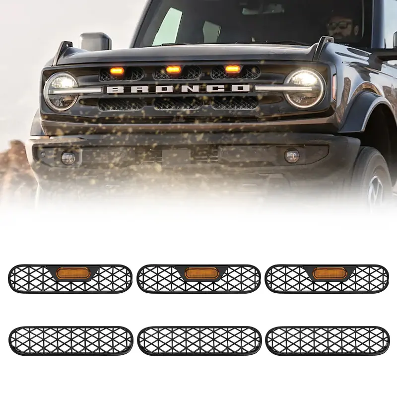 6Pcs Front Mesh Grille Insert with LED Lights for Bronco Big Bend and Outer Banks Truck Headlight Cover