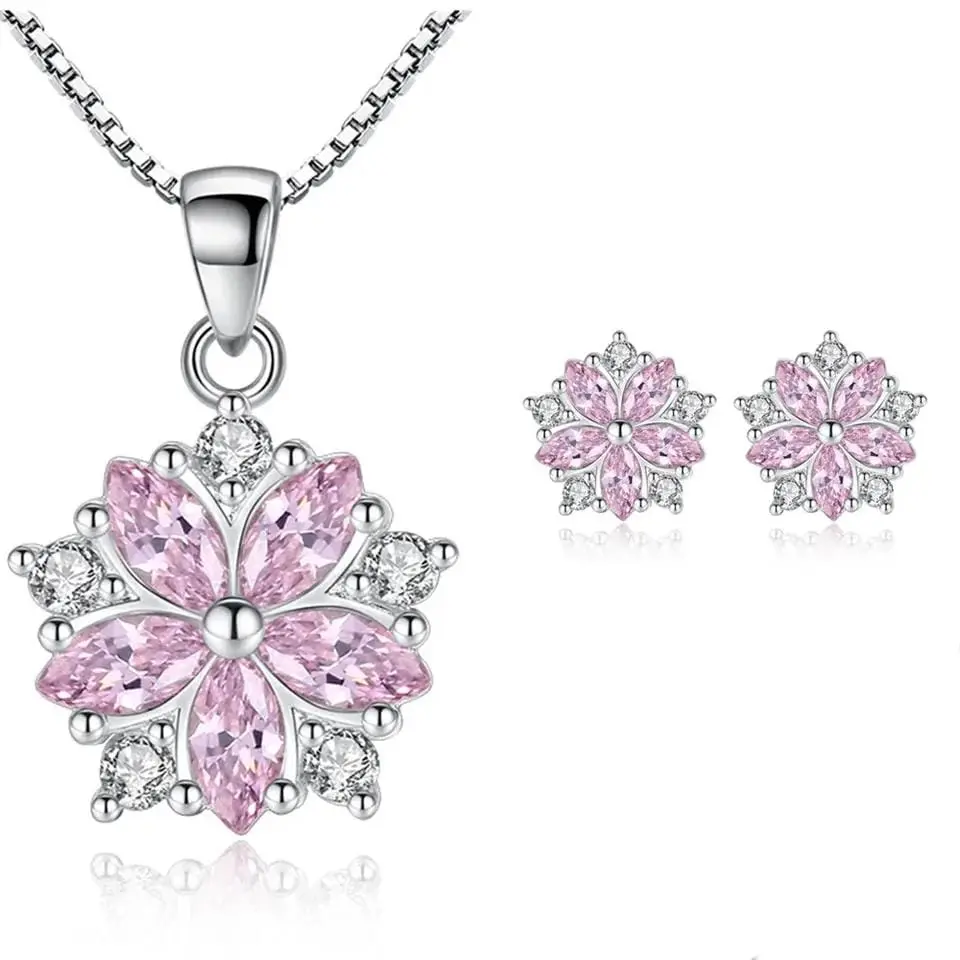 Women's S925 Silver Dainty Pink Flowers 5A Zircon 2-Piece Matching Jewelry Set - Box Chain Necklace, Stud Earrings, Tarnish-Proof, Adjustable, Exquisite Light Luxury Female Daily Wear, Bridesmaids Friends Gift