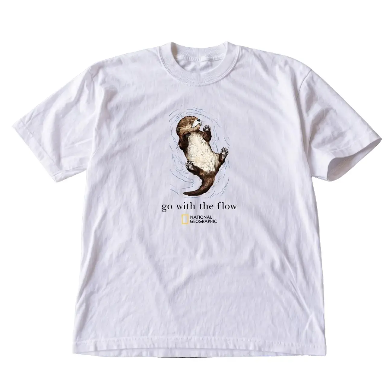 White National Geographic Otter Go With The Flow Cotton T-Shirt, Cute Animal Naturecore Aesthetic Tee, Unisex White Oversized Casual Shirt