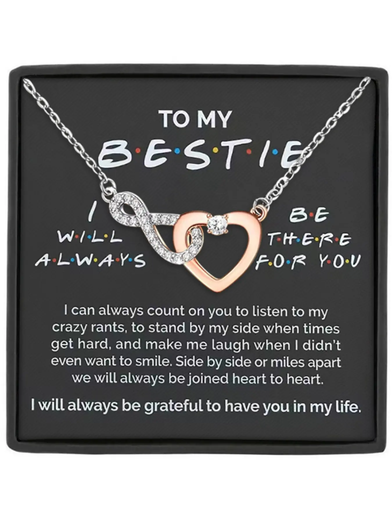 To My Bestie Infinity Heart Pendant Friendship Necklace with Blessing Card, Perfect Gift for Best Friends, Love Heart Necklace