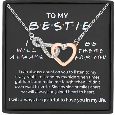 To My Bestie Infinity Chain Heart Pendant Friendship Necklace with Blessing Card, Perfect Gift for Best Friends, Love Heart Necklace Wearable Jewelry