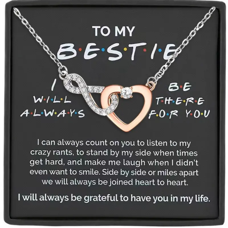 To My Bestie Infinity Chain Heart Pendant Friendship Necklace with Blessing Card, Perfect Gift for Best Friends, Love Heart Necklace Wearable Jewelry