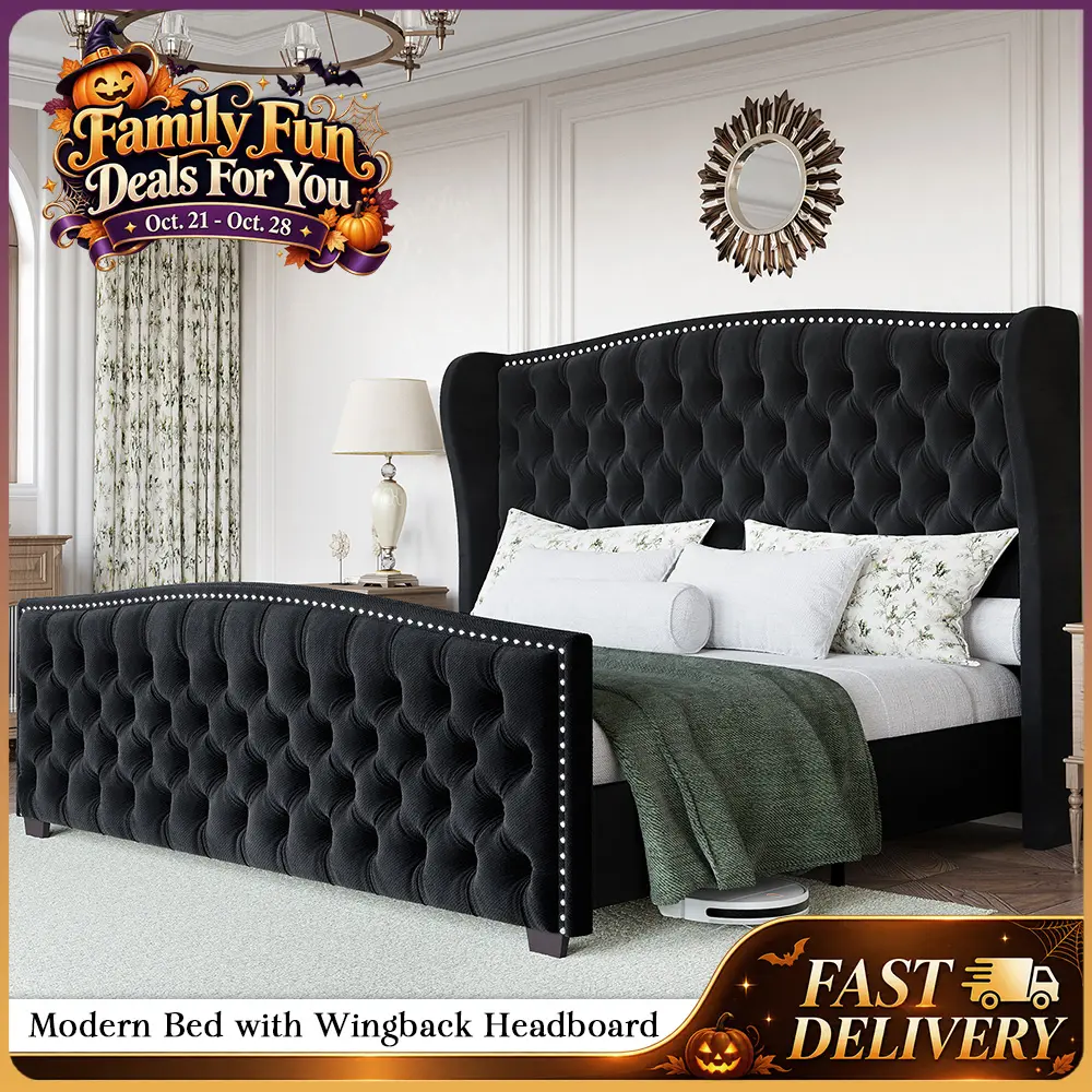 AMERLIFE Modern Bed Frame with Wingback Headboard, Upholstered Bed Frame with Handmade Button Tufted & Nailhead, Wooden Slats Support/Luxury Bedroom Furniture/Queen/King/California King Size/Christmas Gifts/Best Gift Ideas/Cozy Home