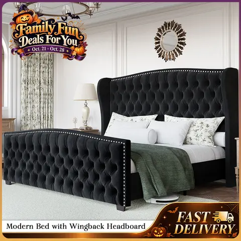 AMERLIFE Modern Bed Frame with Wingback Headboard, Upholstered Bed Frame with Handmade Button Tufted & Nailhead, Wooden Slats Support/Luxury Bedroom Furniture/Queen/King/California King Size/Christmas Gifts/Best Gift Ideas/Cozy Home