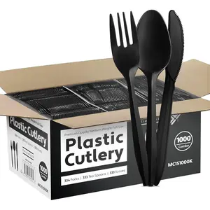 1000 Count Black Silverware Set, 334 Forks, 333 Spoons, 333 , Medium Weight  Disposable Plastic Cutlery Set, Bulk Combo Pack Flatware Set for Party Supplies