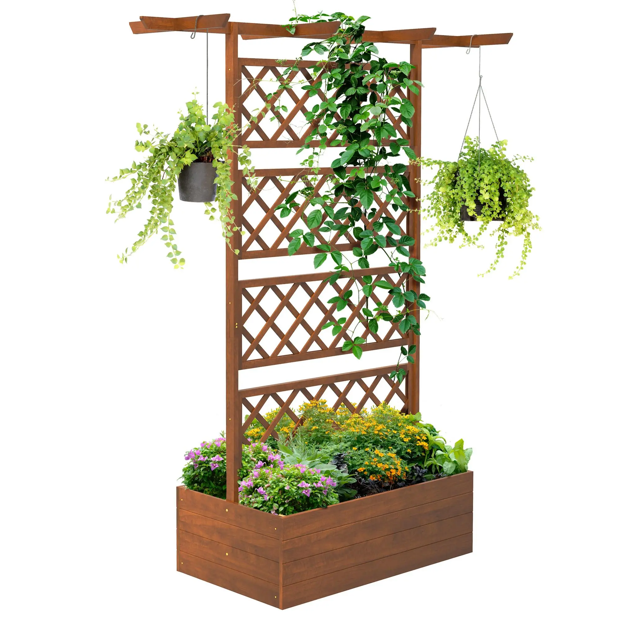 Outsunny Wood Raised Planter Box with Trellis, Hanging Plant Hanger and Flower Bed Box, Privacy Screen for Climbing Plants, Vines, 63" x 21.75" x 72", Raised Planter Boxes