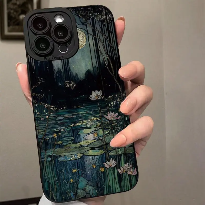 Lotus & Moon Pattern Phone Case for iPhone Series - Anti-Drop Shockproof Total Protection Smartphone Casing, Handheld Devices Accessories with Screen Protector, Durable