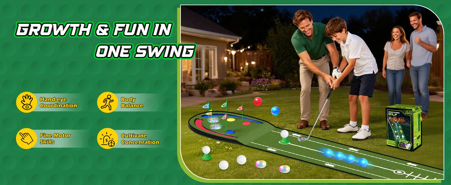 VATOS Golf Putting Mat Indoor for Kids - Golf Game Set with LED Balls, Glow Holes, Irons & Putters, Portable Putting Green Outdoor for Home Backyard Party, Golfs Toy Gifts for Kids 6-14