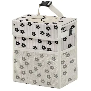 Corduroy Car Trash Can with Lid and Mesh Pockets - Leakproof Organizer,Multipurpose Waterproof Garbage Can/Trash Bin for Car(Off-White Base with Black Floral Print-2 Gallons)