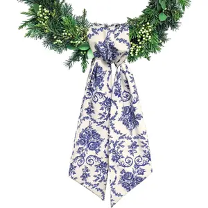 Floral Wreath Sash for Front Door Blue Flower Satin Wreath Sash Garland Ribbon Accessories for Yard Doorway Indoor Outdoor Bow Bridal Shower Home Decor, 4.72 x 45.27