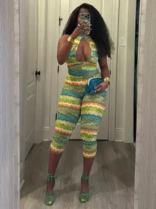 Women's Colorful Print Round Neck Cutout Back Jumpsuit, Trendy Wave Pattern Design, Perfect for Daily Wear and Vacation