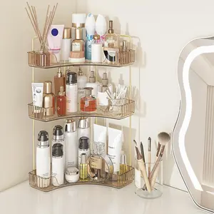 Countertop Bathroom Storage Rack 3-Tier Corner Shelf Bathroom Countertop Storage Rack Cosmetic Storage Rack Suitable for Skincare Products, Cosmetics, Vanity Tables, Toiletries Amber Color