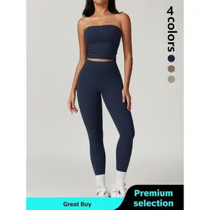 Women's Solid Crop Tube Top & High Waisted Leggings Sportswear Set, Sleeveless Strapless Scrunch Gym Set, Workout Gym Exercise Clothing Set for Women, Tracksuit for Women, Gym Clothing, Workout Sets Women, Tracksuit Set