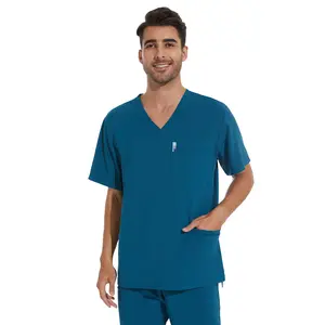 COZYFIT Scrub Top for Men Caribbean Blue Stretch V-Neck with 3 Pockets Anti-Wrinkle Workwear Menswear Uniforms