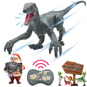 Springtok Remote Control Dinosaur Toys for Boys Kids Girls 3 4 5 6 7 8 Years Old Electronic RC Robot Toy LED Lightup Walking Roaring Velociraptor Jurassic Dino Rechargeable Raptor Blue Birthday Gifts