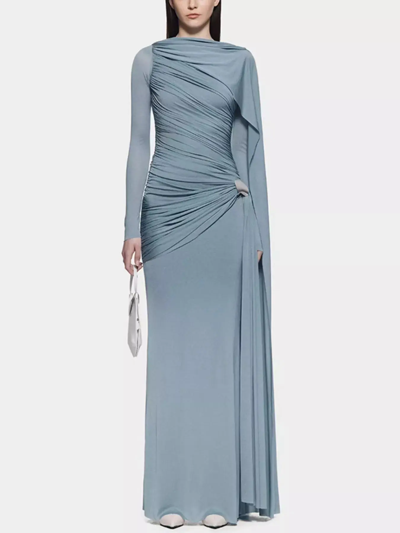 Verngo Women's Basic Long-Sleeve Ruched Draped Maxi Formal Dress - 100% Polyester Plain Stretchy-Fit, Machine Wash Cold, Tumble Dry Low, Suitable for 2-3 Seasons, Dress for Graduation, Maxi Dress