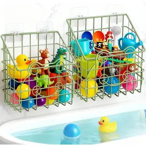 2 PackBath  Organizer, Wall Mounted Shower Storage Basket - Metal Bathtub  Holder with Hooks for Sorting  Toys,  Bath Accessories, Toiletries & Shampoo(Green frog)