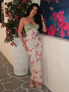 Women's Floral Print Cami Dress, Elegant Spaghetti Strap Long Dress for Beach Holiday Vacation, Ladies Summer Clothes, Floral Bodycon Dress, Womenswear