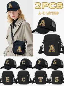 2PCS golden flower 26-letter printed baseball cap and shoulder bag set, fashionable and breathable trucker hat, lightweight and adjustable shoulder strap shoulder bag, suitable for adults to wear when going shopping or on vacation every day