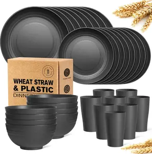 32 | 16-Piece Kitchen Plastic Wheat Straw Dinnerware Set, Service for 8 | 4, Unbreakable Modern Dish Set - Dinner Plate/Dessert Plate/Cereal Bowl/Cup, for Apartment Essentials, Outdoor Camping, Black