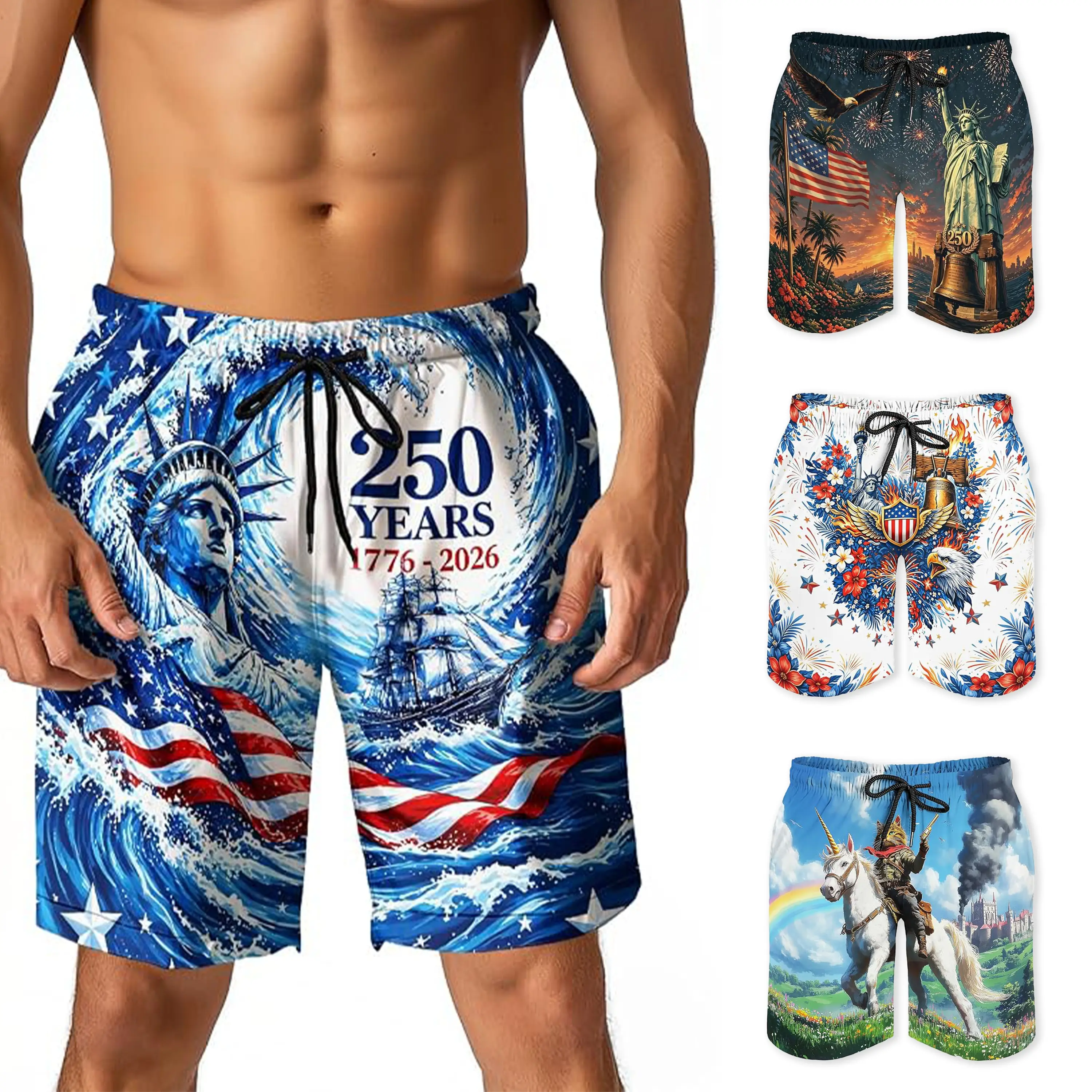 Men's Swim Trunks - Funny Patterned Textured Beach Shorts with USA Flag, Skull, Pineapple, Tropical Fruit Prints, Elastic Drawcord Waist, Quick Dry, Graphic Surfwear, Plus Size 2XS-6XL, Rubber Duck Accent, Patterned Textured Men's Shorts, Sporty Chic