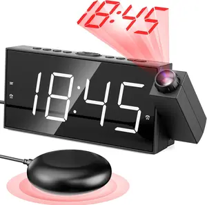 Projection Digital Alarm Clock with Bed Shaker for Bedroom, Extra Loud Alarm Clock for Heavy Sleeper, 180° Rotable Ceiling Projector Clock,2 Alarm,5 Dimmer Volume,USB Charger, Battery Backup,12/24H-
