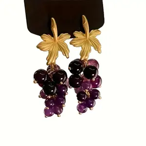 Grape Fruit Shaped Earrings with Golden Leaf and Purple Charms, Vintage Art Style Versatile Daily Party Earrings ring