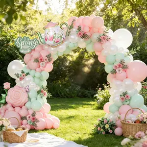 140 Piece Spring Tea Party Balloon Arch Set, Macaron Mint Latex Balloons, Floral Pattern for Birthday Garden Mother's Day