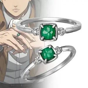 Anime Rivaille Ackerman Cosplay Ring Women Men Green Zircon Silvery Adjustable Opening Ring Fashion Couple Jewelry Accessories