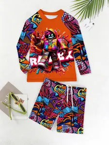 Boys Summer Fashion Long Sleeve Top Shorts Two-Piece Swimwear Set, 3D Graffiti Print Beach T-Shirt & Swimsuit Suit Swim Kit