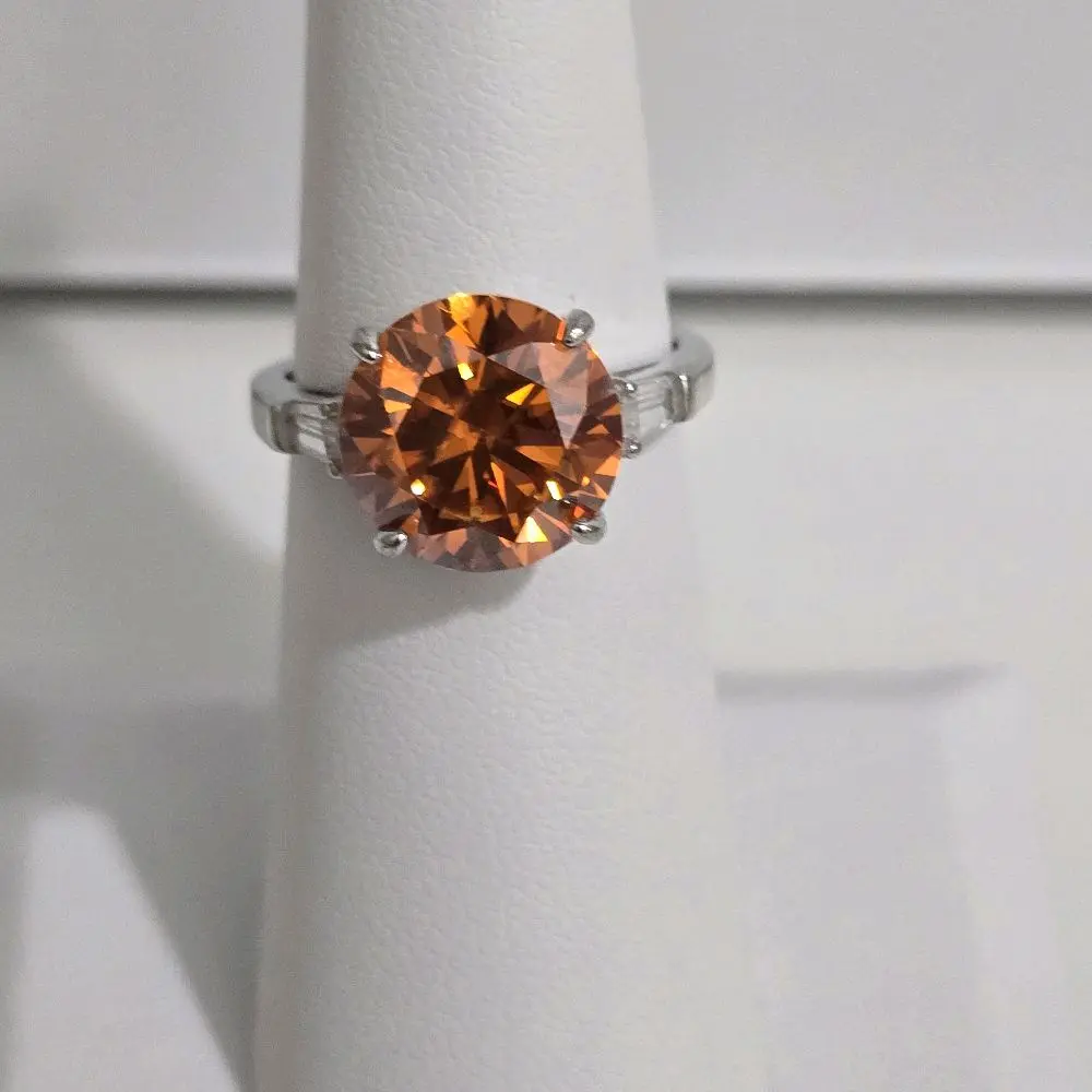 925 Sterling Silver Orange Moissanite Engagement Ring with Baguette Accent Band, Size 6