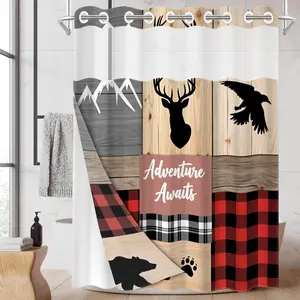 1pc hookless shower curtain with buckle lining, brown and black geometric animal patchwork design, 2D flat printing, fabric waterproof lining, see-through double-layer shower curtain, 71 x 74 inches, modern home draping curtain.
