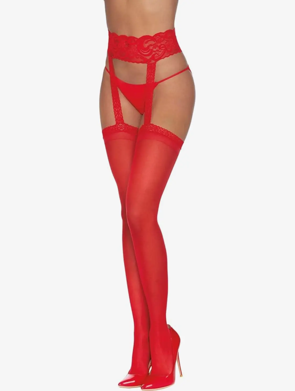 One Size Lace Top Sheer Garterbelt Stockings - Red High-Quality Sheer Design with Garterbelt