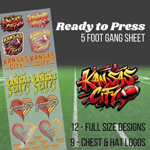 Kansas City Football 2 Pre-made 5 Foot (22x60) DTF Gang Sheet