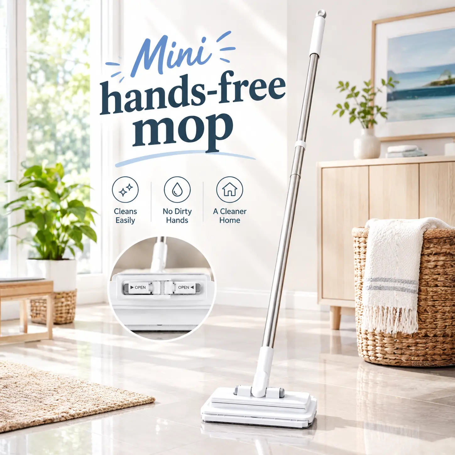 Rotatable Hands-Free All-Purpose Lazy Mop - 1-Touch Clamp for Wipes/Tissues, 1-Button Hygienic No-Touch Disposal, Ideal for Small Gaps, Cabinet/Glass Doors & Ceilings, Effortless Versatile Tool for Spotless Home