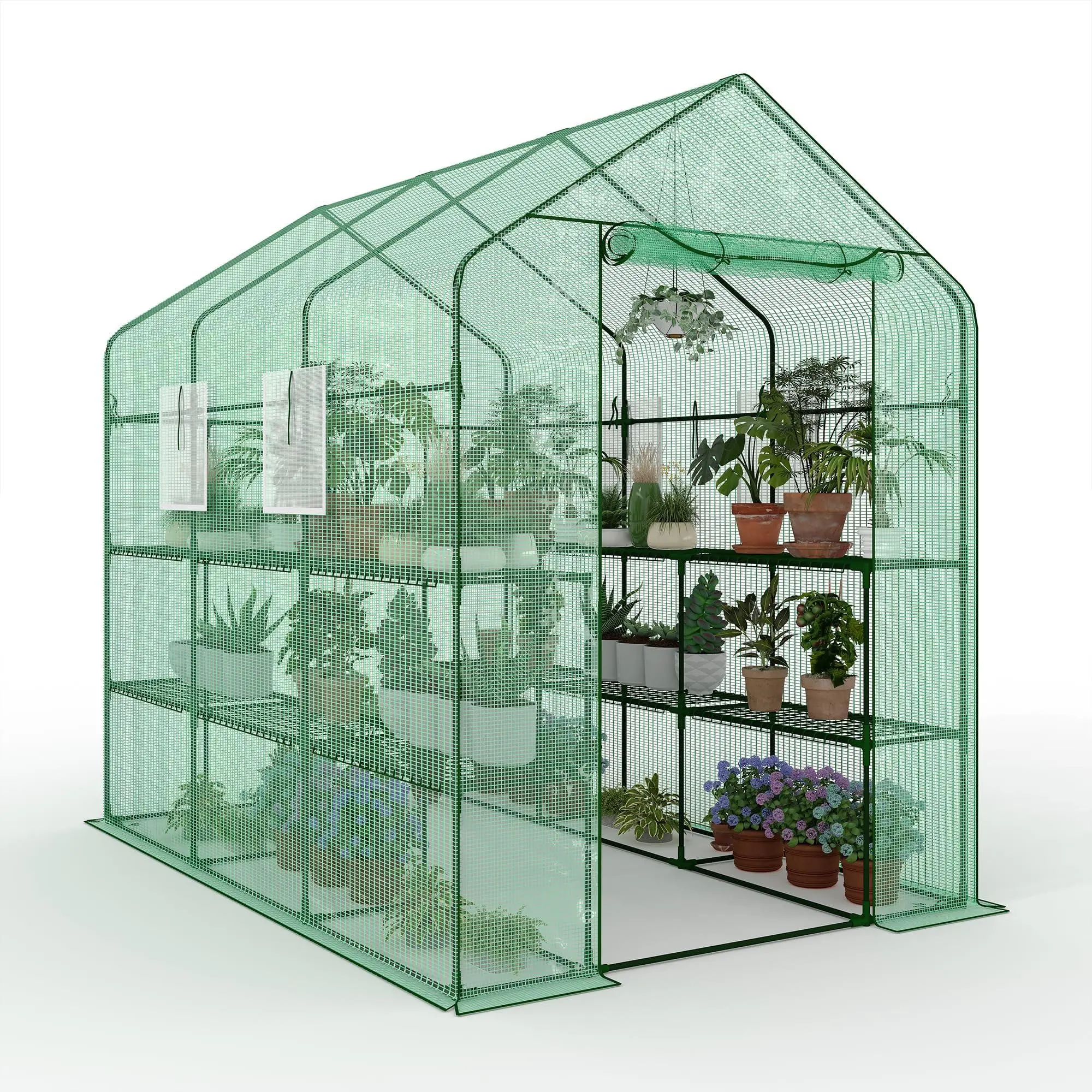 Garvee Greenhouse for Outdoor, 57 x 85 x 77'' Heavy Duty Walk-in Greenhouse | PE Cover, Mesh Door & Screen Windows, 3 Tiers 18 Shelves for Plants, Flowers, Seedling