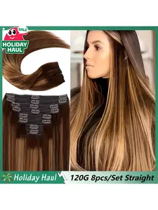 120G 8pcs/Set Straight Glueless Clip In Hair Extensions 100% Real Human Hair #4/27 Brown Highlights Blonde Clip In Remy Human Hair Extension for Women