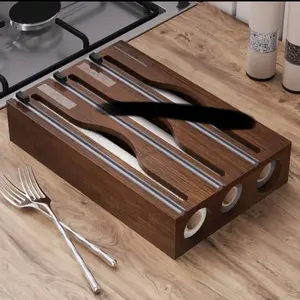 Bamboo Plastic Wrap Dispenser Kitchen Organiser Aluminum Foil & Plastic Wrap Storage Box Brown