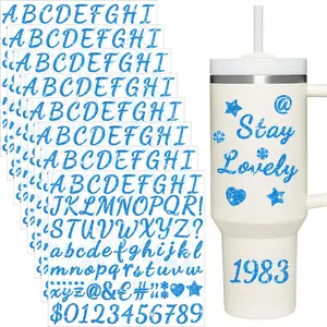 8 Sheets Glitter Letter Stickers for  Cup, Alphabet Name Stickers for Water Bottles,Vinyl  Personalized Letter Number Name Tags Logo Stickers for  Tumbler Accessories (Blue)