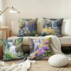 4-Piece Floral Waterfall Print Pillow Covers, 45x45cm, Hidden Zipper, Washable Cushion Covers, Indoor & Outdoor Decor, Living Room, Bedroom, Sofa, Car Decoration