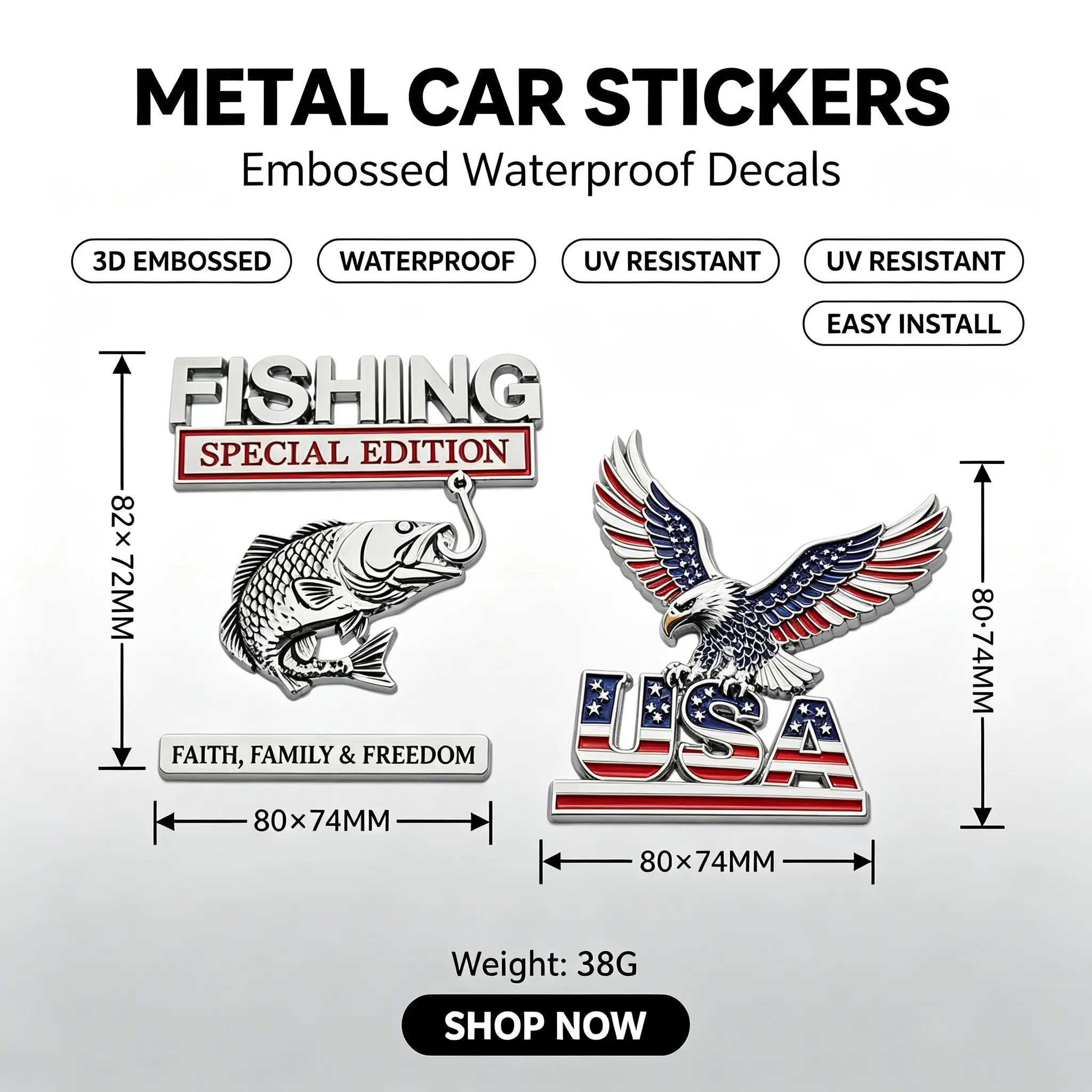 3D Metal Car Emblem Badge 2-Style Set - Fishing Bass Hook, USA Eagle Faith Family Freedom Patriotic Auto Decal, Peel & Stick Waterproof Ornament for Truck SUV Motorcycle #GLOBAL PICKS