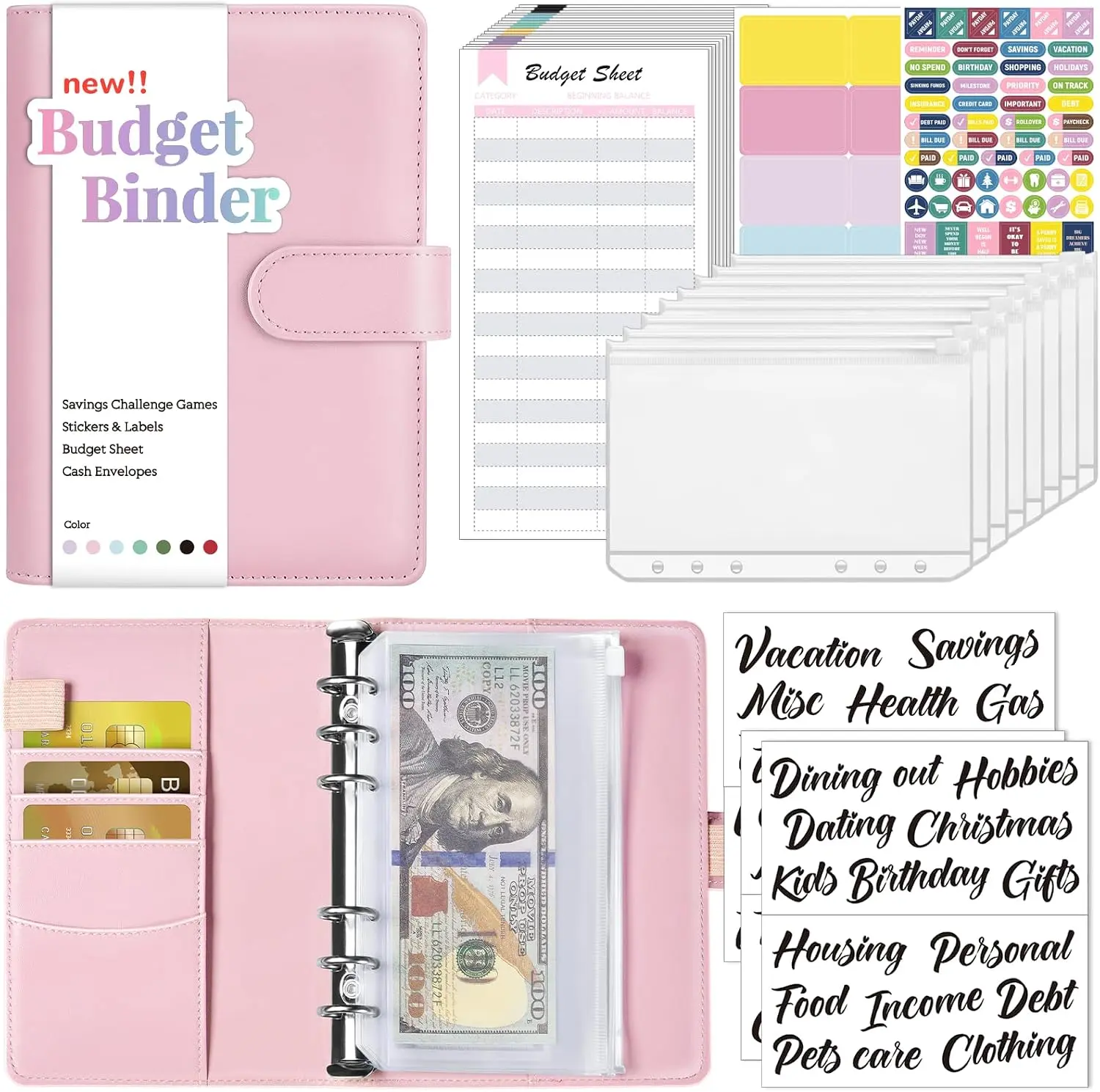 Budget Binder with Money Saving Challenge, Money Saving Binder with Cash Envelopes, Expense Sheets, Challenge Tracker & Category Labels, Envelope Savings Challenges Book for Home Office School