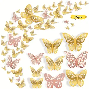 72 Pcs Gold and Rose Gold Butterfly Wall Decor, 3D Metallic Butterflies in 3 Sizes 3 Styles, Wedding Decorations Birthday Party Decorations, DIY Nursery Room Wall Art for Bedroom, Living Room Decor