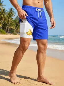 Men's Prank Duck Print 2 in 1 Board Shorts with Phone Pocket, Summer Casual Funny Beach Shorts with Side Pockets, Quick Dry Swim Shorts Swim Trunks Drawstring Elastic Waistband Swimwear Beachwear Swimsuit Bathing Suit