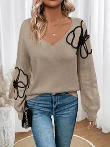 Women's Floral Design Drop Shoulder Sweater Pullover Tops, Casual Long Sleeve V Neck Jumper for Fall & Winter, Fashion Ladies' Knitwear for Daily Wear, Womenswear