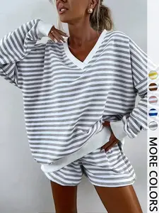 Women's Striped Print Long Sleeve Tee & High Waist Shorts Two-piece Set, Casual Round Neck Top & Shorts for Spring & Fall, Women's Clothes for Daily Wear