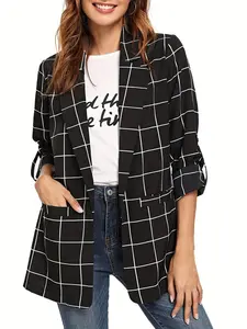 Women's Professional Shirt New Spring and Autumn High end Design Sense Grid Polo Collar Outerwear Top for Women