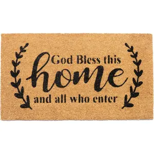 God Bless This Home & All Who Enter Coir Doormat - Natural Coco Fiber Welcome Mat with Non-Slip PVC Back, Rustic Floral Accent, Indoor/Outdoor Entrance Rug for Christian Homes, Housewarming Gift