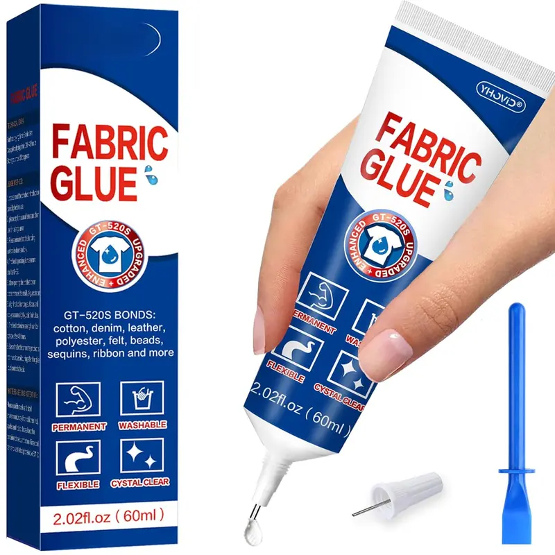 Fabric Glue for Clothing Permanent Washable, 60ML Liquid Stitch, Fabric Adhesive, Anti-Fray Check, Super No-Sew Clear Fusion Glue for All Patches, 24 Hour Dry and