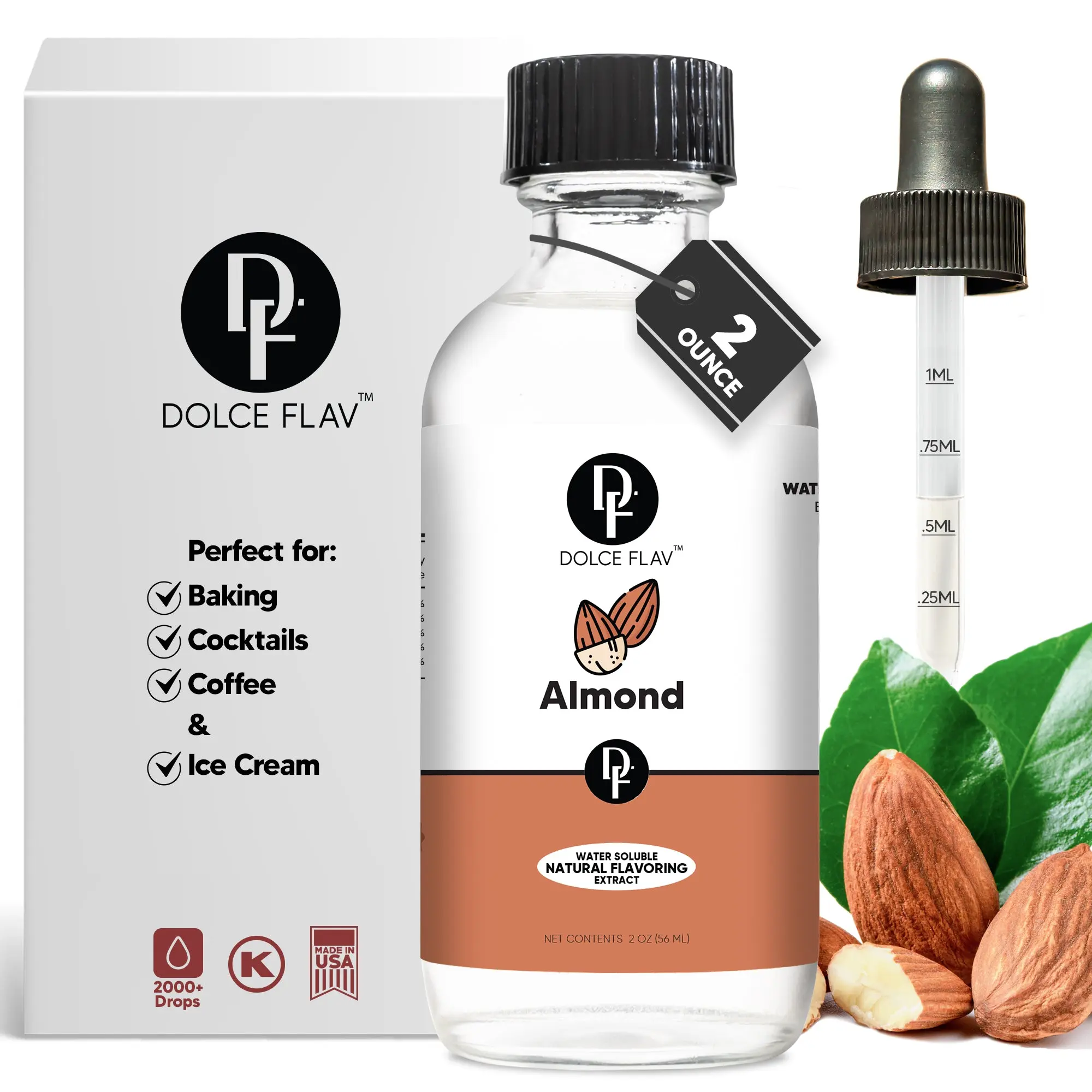 Dolce Flav Almond Extract Water Soluble 2 Ounce - Natural Flavoring for Baking Cocktails Coffee & Ice Cream - Dye-Free Super Strength 2000+ Drops - Bake